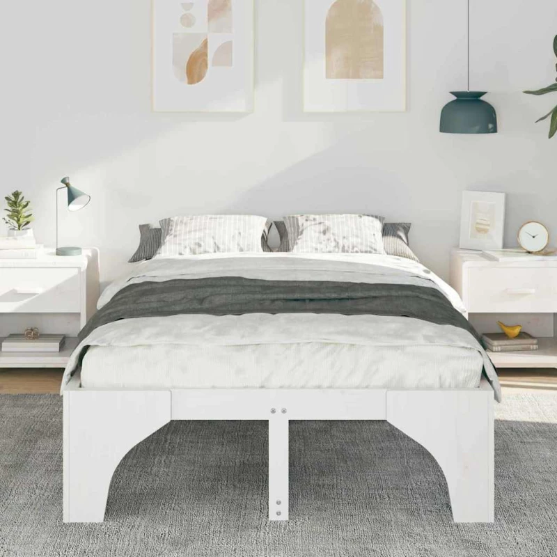 vidaXL Κρεβάτι δαπέδου Λευκό 135 x 190 cm Μασίφ ξύλο πεύκου