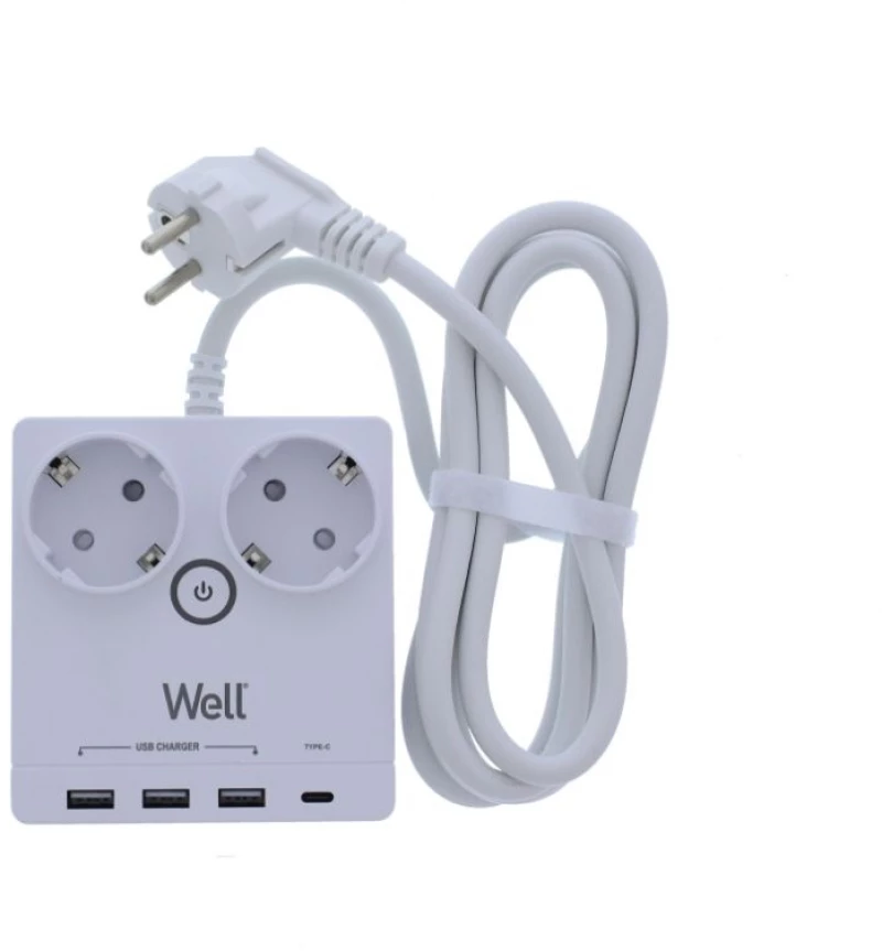Πολύπριζο Well 2x Schuko και 3x USB A & 1x USB Type-C 2m/3g1.5 με προστασία EXTS-2S2M-PROT/USBC4-WL