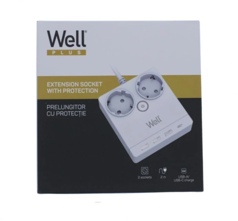 Πολύπριζο Well 2x Schuko και 3x USB A & 1x USB Type-C 2m/3g1.5 με προστασία EXTS-2S2M-PROT/USBC4-WL