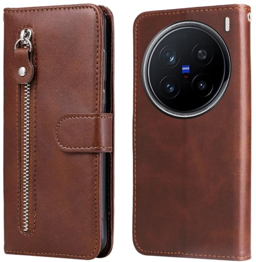 For vivo X200 Pro Fashion Calf Texture Zipper Leather Phone Case(Brown)