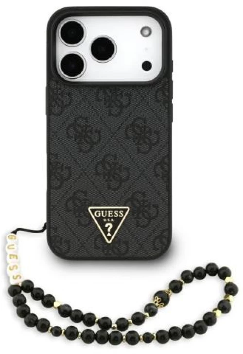 Θήκη PU Guess Apple iPhone 17 Pro Max Hardcase Classic Logo 4G Triangle με Pearl Strap Μαύρο