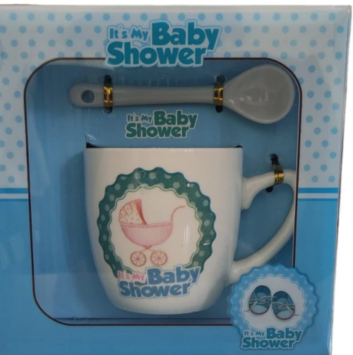 Κούπα baby Shower με κουταλάκι σε συσκευασία δώρου, Καροτσάκι, Άσπρο-μπλε