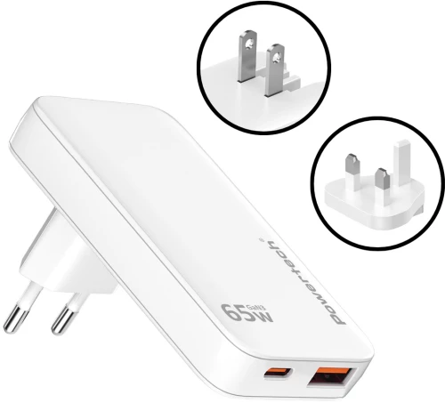 POWERTECH φορτιστής τοίχου PT-1532  EU/UK/CN βύσμα  USB/USB-C  65W  GaN  λευκός