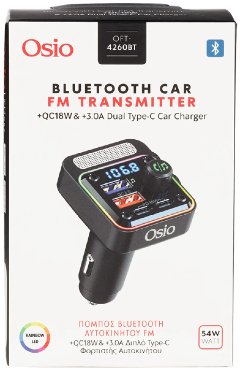 Osio FM TRANSMITTER ΑΝΑΠΤΗΡΑ 12V ΜΕ BLUETOOTH OFT-4260BT ΦΟΡΤΙΣΤΗ USB TYPE-A + USB TYPE-C OSIO OFT-4260BT/OSIO