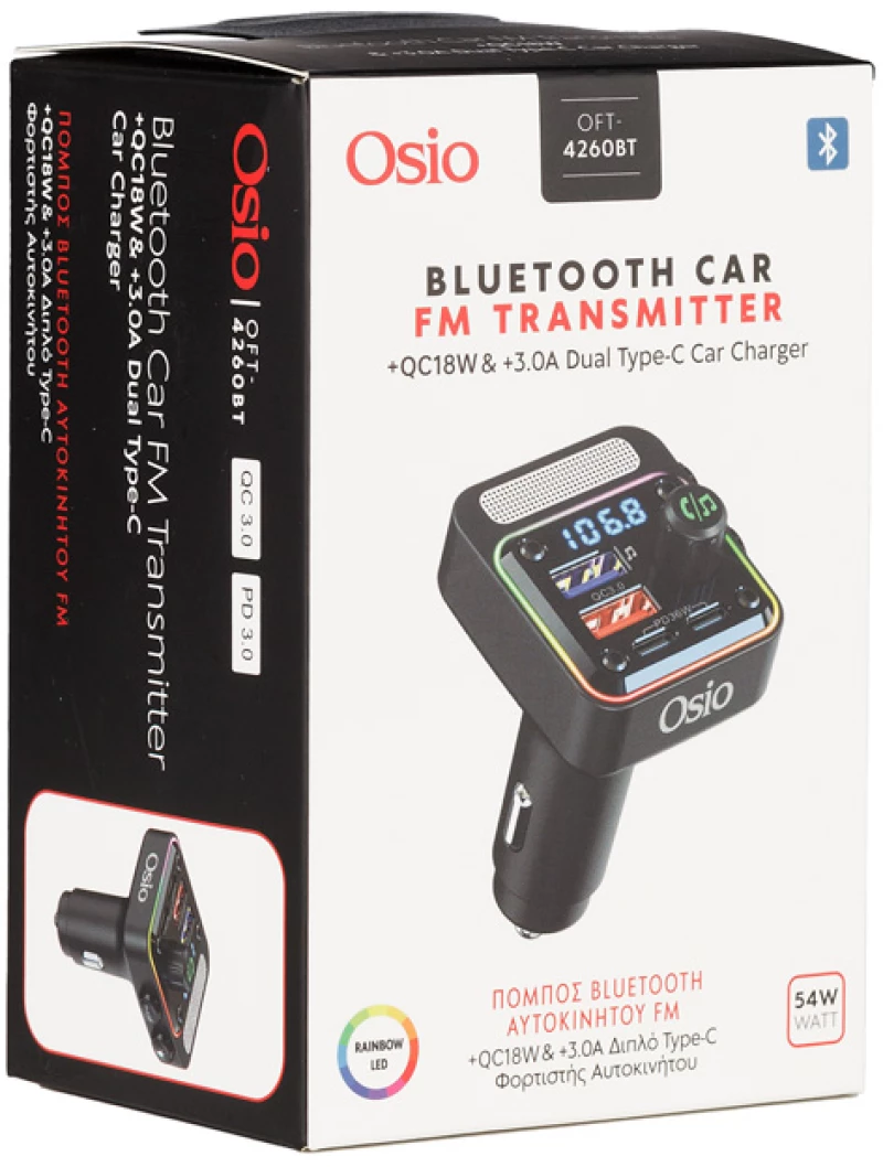 Osio FM TRANSMITTER ΑΝΑΠΤΗΡΑ 12V ΜΕ BLUETOOTH OFT-4260BT ΦΟΡΤΙΣΤΗ USB TYPE-A + USB TYPE-C OSIO OFT-4260BT/OSIO