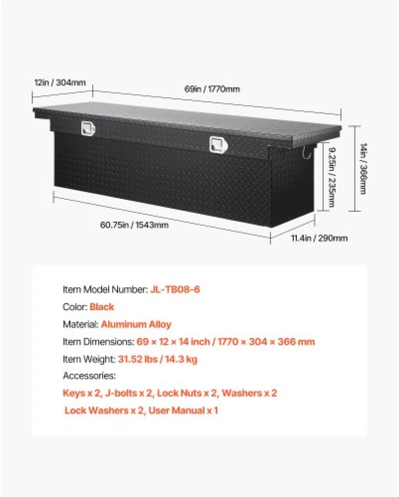 VEVOR Crossover Tool Box 69x12x14 In Heavy Duty Aluminum Toolbox for Truck Bed