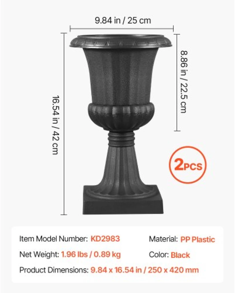 VEVOR Plastic Urn Planters 25 x 42 cm Black Floral Pedestal Flower Pots