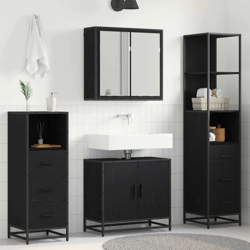 vidaXL Σετ Επίπλων Μπάνιου με ράφι 4 pcs Μαύρη Οξυά Επεξεργασμένο ξύλο