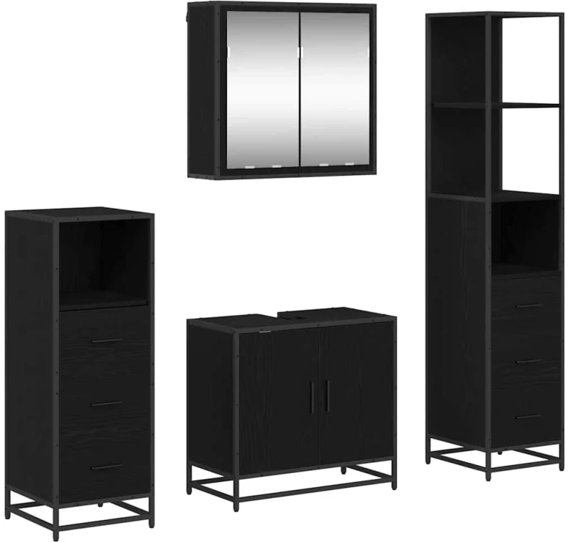 vidaXL Σετ Επίπλων Μπάνιου με ράφι 4 pcs Μαύρη Οξυά Επεξεργασμένο ξύλο