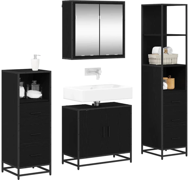 vidaXL Σετ Επίπλων Μπάνιου με ράφι 4 pcs Μαύρη Οξυά Επεξεργασμένο ξύλο