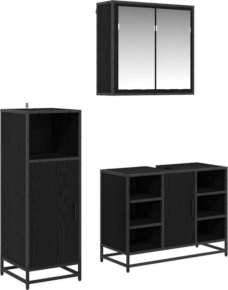 vidaXL Σετ Επίπλων Μπάνιου με ράφι 3 pcs Μαύρη Οξυά Επεξεργασμένο ξύλο