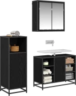 vidaXL Σετ Επίπλων Μπάνιου με ράφι 3 pcs Μαύρη Οξυά Επεξεργασμένο ξύλο