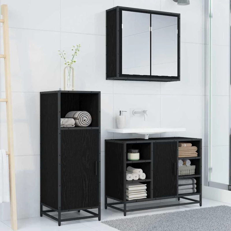 vidaXL Σετ Επίπλων Μπάνιου με ράφι 3 pcs Μαύρη Οξυά Επεξεργασμένο ξύλο