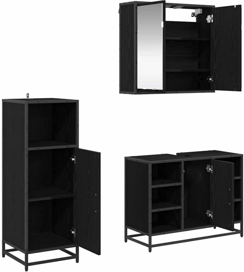 vidaXL Σετ Επίπλων Μπάνιου με ράφι 3 pcs Μαύρη Οξυά Επεξεργασμένο ξύλο