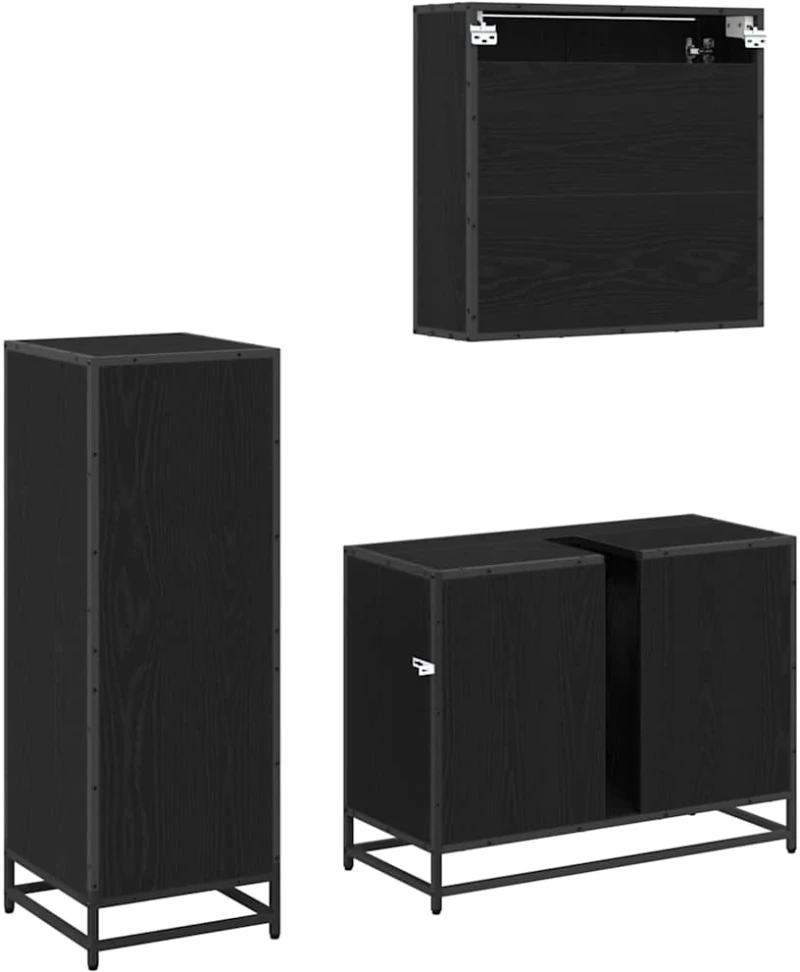 vidaXL Σετ Επίπλων Μπάνιου με ράφι 3 pcs Μαύρη Οξυά Επεξεργασμένο ξύλο
