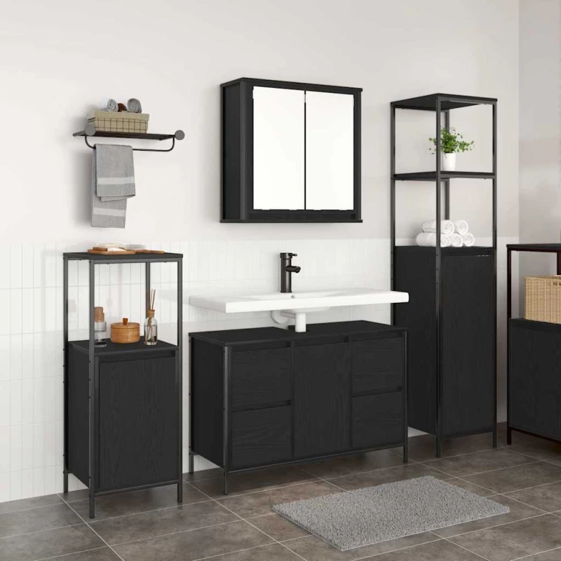 vidaXL Σετ Επίπλων Μπάνιου με ράφι 3 pcs Μαύρη Οξυά Επεξεργασμένο ξύλο
