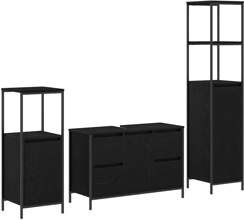 vidaXL Σετ Επίπλων Μπάνιου με ράφι 3 pcs Μαύρη Οξυά Επεξεργασμένο ξύλο