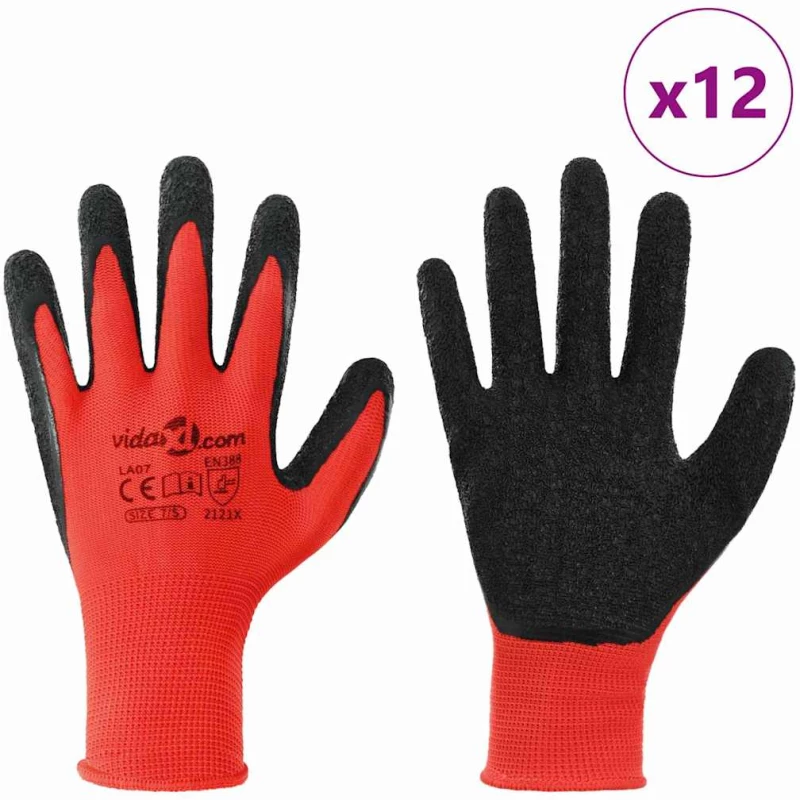 vidaXL Γάντια Εργασίας 12 pcs Κόκκινο και Μαύρο 7 / S