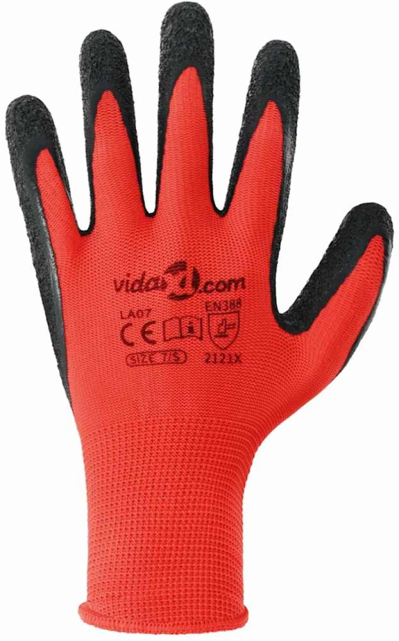 vidaXL Γάντια Εργασίας 12 pcs Κόκκινο και Μαύρο 7 / S