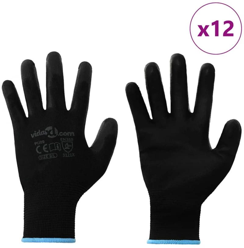 vidaXL Γάντια Εργασίας 12 pcs Μαύρο 9 / l Πολυεστέρας