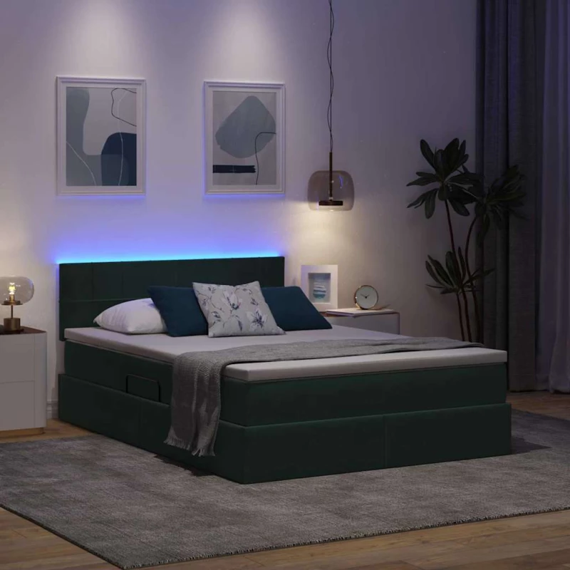 vidaXL Κρεβάτι με αποθηκευτικό χώρο και LED με στρώμα Σκούρο Πράσινο