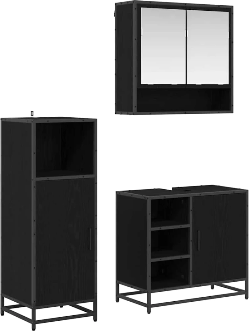 vidaXL Σετ Επίπλων Μπάνιου με ράφι 3 pcs Μαύρη Οξυά Επεξεργασμένο ξύλο