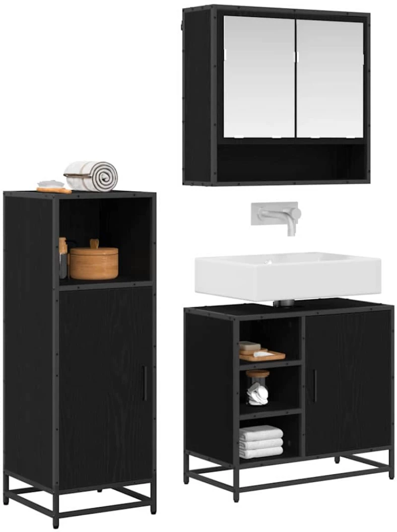 vidaXL Σετ Επίπλων Μπάνιου με ράφι 3 pcs Μαύρη Οξυά Επεξεργασμένο ξύλο