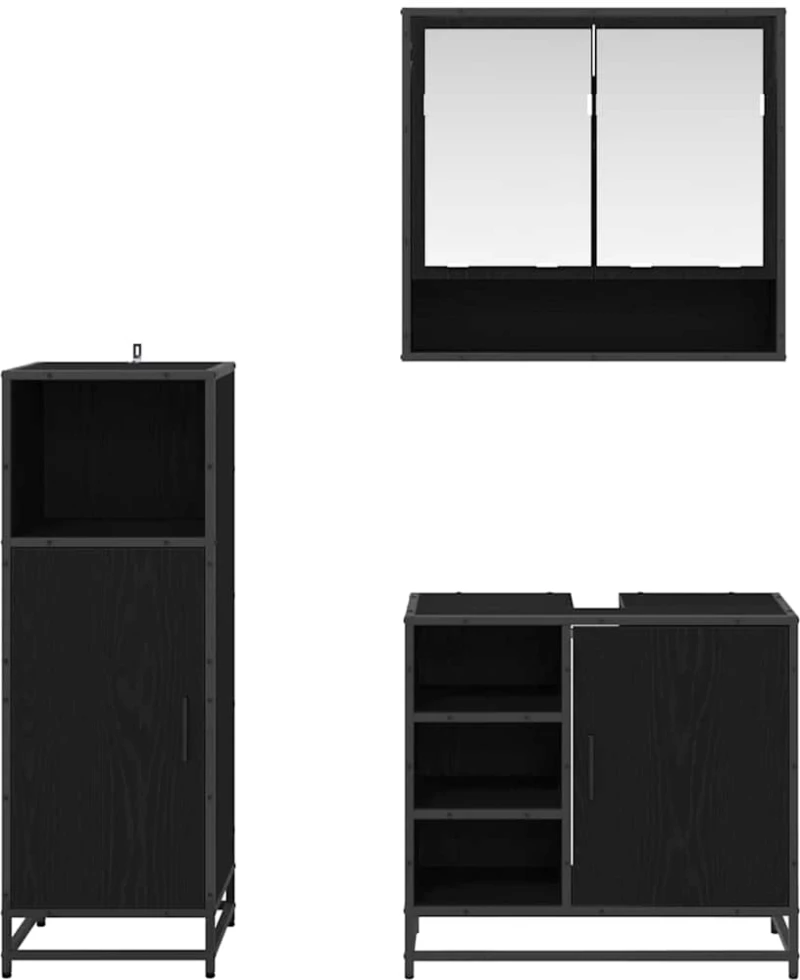 vidaXL Σετ Επίπλων Μπάνιου με ράφι 3 pcs Μαύρη Οξυά Επεξεργασμένο ξύλο