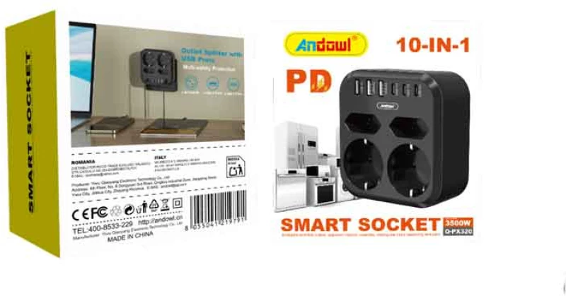 Andowl Πολύπριζο Smart Socket 10 σε 1 με 2 Πρίζες & 8 Θύρες USB 3500W Q-PX230