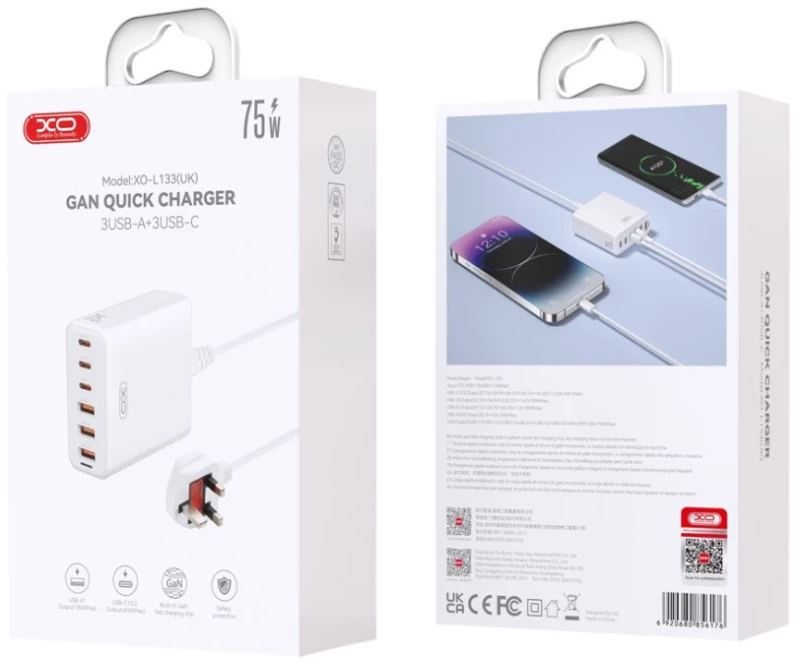 XO L133(UK) 75W GaN 3A+3C Γρήγορος Φορτιστής 1.5M