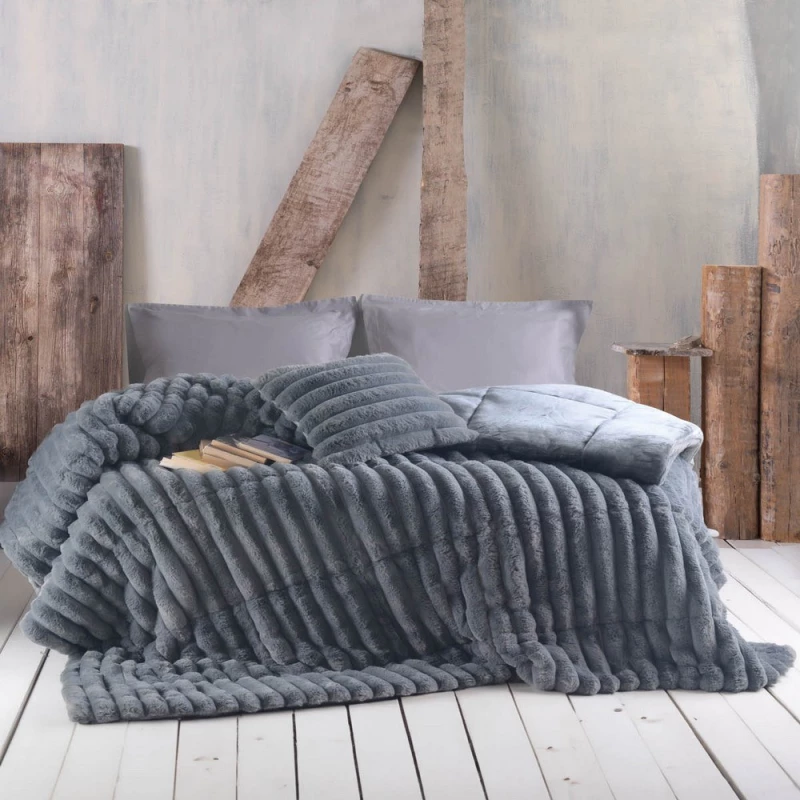Κουβερτοπάπλωμα Γούνινο Trinity Διπλής Όψης Dark Grey Ρυθμός Ημίδιπλο 160x220cm Polyfilling