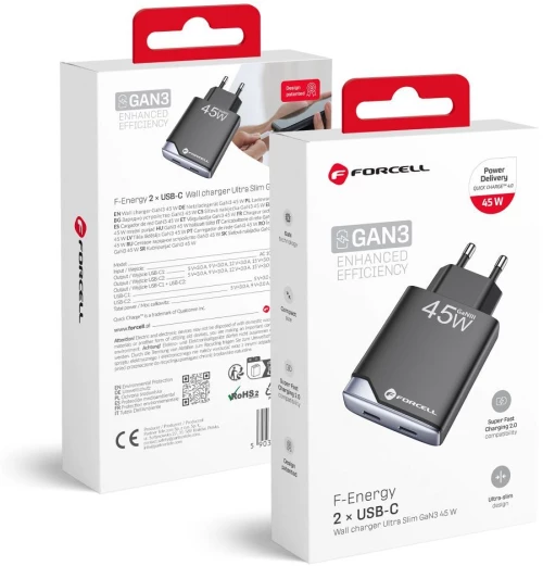 Phone Charger Forcell F-Energy Ultra Slim Gan Iii 2 X Usb C Pd Qc4.0 3A 45W B245201(2C) Black