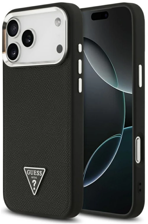 Guess Case For Iphone 17 Pro Compatible With Magsafe Guhmp17Lpgtspsk (Grained Pu Triangle Logo) Black