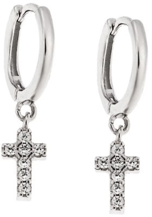 Σκουλαρίκια Κρίκοι Senza ασήμι 925, σταυρουδάκι διπλής όψης με λευκά ζιργκόν SSR3087SRKR