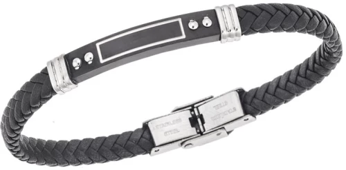 Βραχιόλι Senza Men`s Steel, Black Leather Strap, με μαύρη ταυτότητα SSD5797SBK