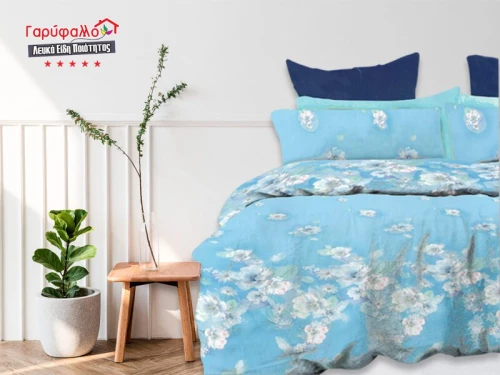 Σετ Σεντόνια Γίγας - King Size Βαμβοκασατεν 200 Κλωστών Γαλάζιο Floral Γαρύφαλλο 235x255