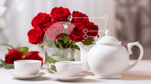 Intra Συλλεκτικό Ξύλινο Παζλ Plywood  4mm - Λευκή τσαγιέρα και φλιτζάνια με κόκκινα τριαντάφυλλα στο τραπέζι Σε Ξύλινο Κουτί - Διαστάσεις: 10x10 cm – 25 κομμάτια