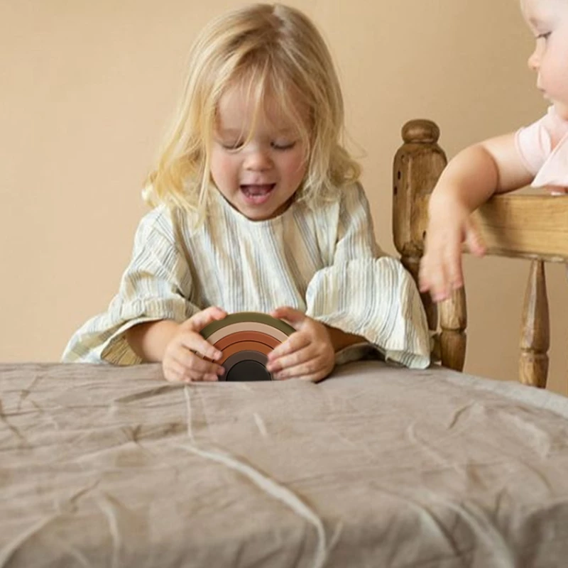 Montessori Εκπαιδευτικό Παιχνίδι Στοίβαξης Παζλ Σιλικόνης Rainbow Baby Stacking κοραλι