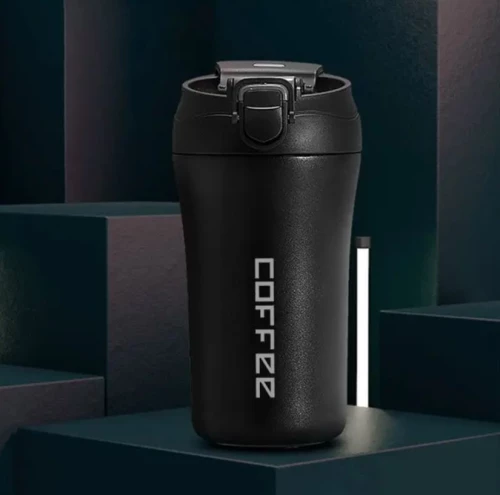 Θερμός / Ποτήρι Ανοξείδωτο Ατσάλι Με Καλαμάκι 400ml Μαύρο