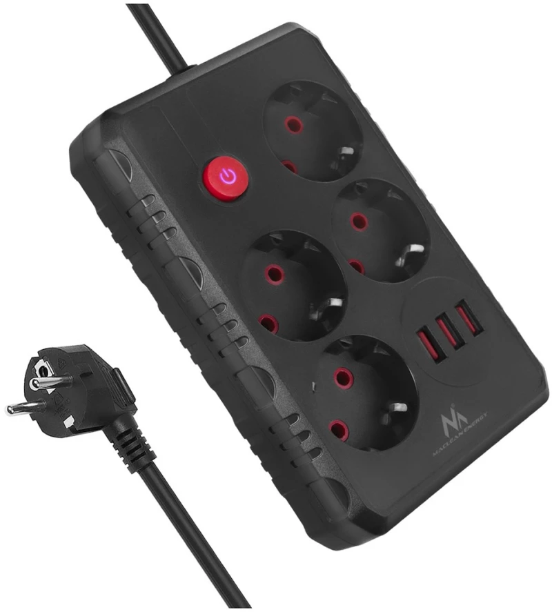 Maclean power strip, 4-socket extension cable + 3xUSB, 110-240V AC 50/60Hz, 2.1A max 2500W, 3m, black, MCE393 B