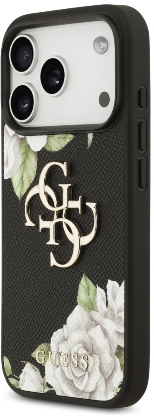 Guess Grained Roses & Big 4G Logo iPhone 17 Pro Case - Black