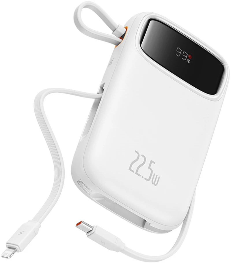 Baseus Qpow2 20000mAh 22.5W Powerbank with Dual Cable with Digital Display + Baseus Simple USB-C 3A Cable 0.3m (White) - White