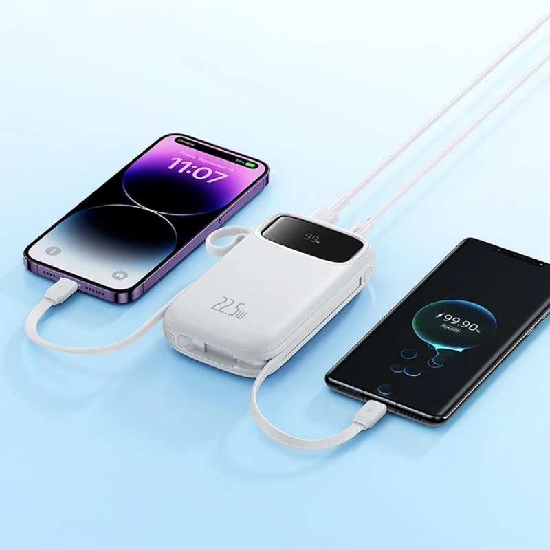 Baseus Qpow2 20000mAh 22.5W Powerbank with Dual Cable with Digital Display + Baseus Simple USB-C 3A Cable 0.3m (White) - White
