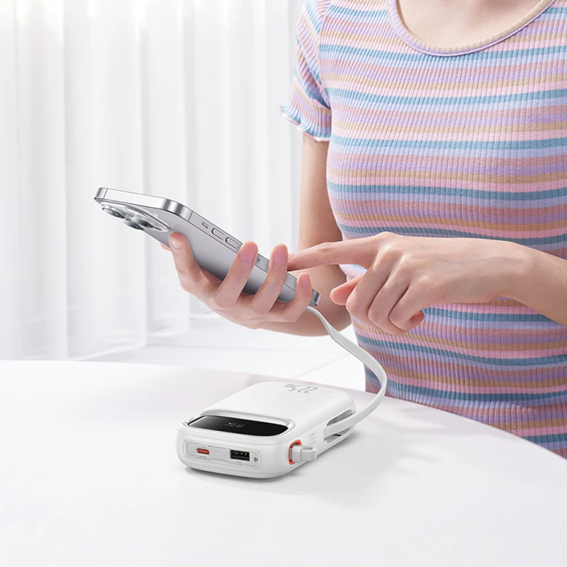 Baseus Qpow2 20000mAh 22.5W Powerbank with Dual Cable with Digital Display + Baseus Simple USB-C 3A Cable 0.3m (White) - White