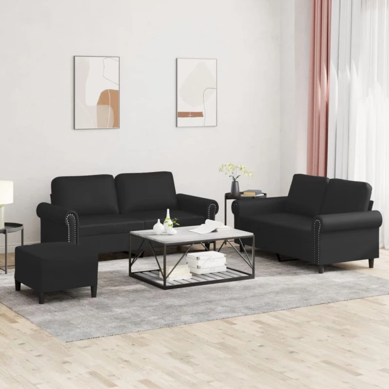 vidaXL Σετ Σαλονιού 3 Τεμαχίων Μαύρο από Συνθετικό Δέρμα με Μαξιλάρια