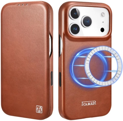 Θήκη iPhone 17 Pro Max iCarer Curved Edge Leather Folio with Magsafe Δερμάτινη Flip με MagSafe - Retro Brown (KJIP17250702-BN)