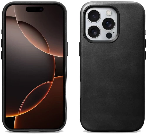 Θήκη iPhone 16 Pro Max iCarer Leather Back Case With Camera Button Δερμάτινη με MagSafe & Μεταλλικό Πλαίσιο Κάμερας - Black (WMI16240704-BK)