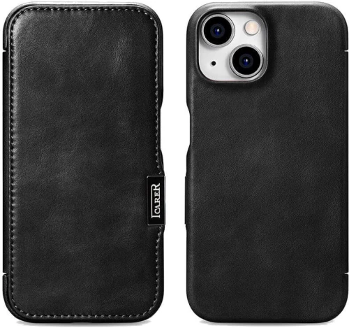 Θήκη iPhone 15 iCarer Vintage Series Side-Open Flip Σκληρή Δερμάτινη με MagSafe - Black (WMI15230613-BK)