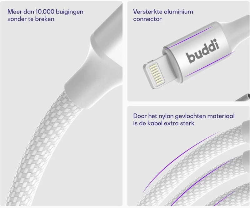 Καλώδιο Buddi Flex Φόρτισης & Μεταφοράς Δεδομένων USB-A σε Lightning 200cm 12W - White (8719246497469)