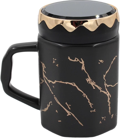 Κούπα κεραμική 320 ml Φ8Χ11,5 εκ. μαύρο χρυσό με καπάκι καθρέπτη KESKOR 79191-1